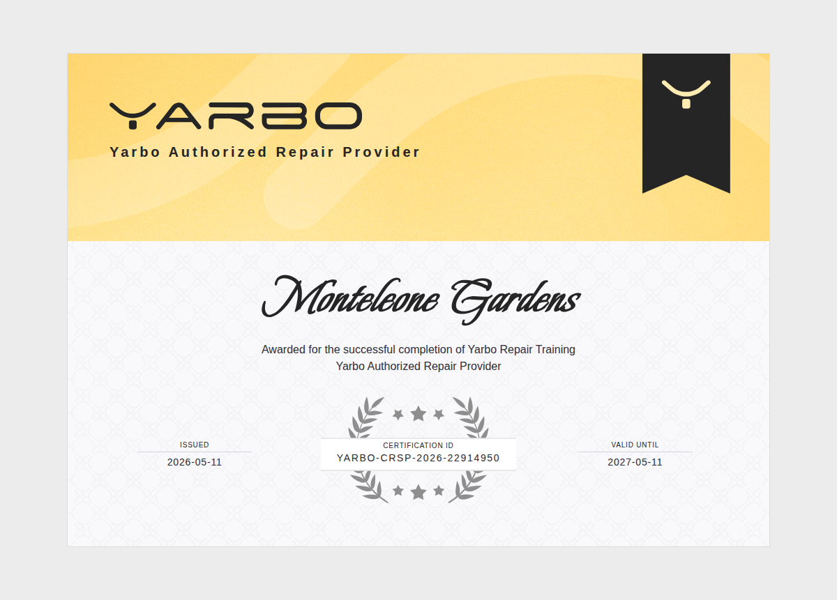 Yarbo Authorized Repair Provider certificate for Monteleone Gardens